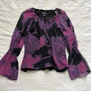 Y2K purple and black paisley silk peasant blouse with bell sleeves Size 10